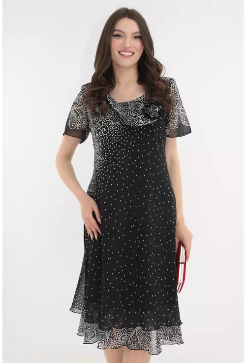 Rochie eleganta din voal negru cu print floral alb