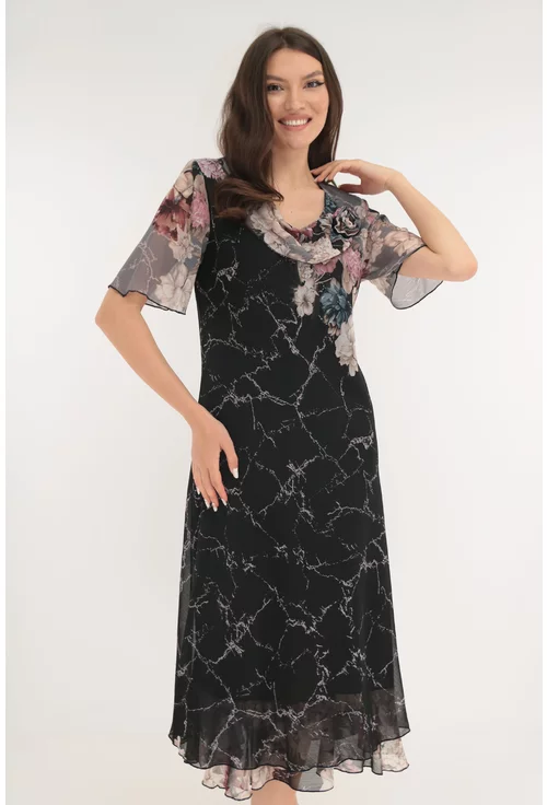 Rochie eleganta din voal negru cu print floral bej