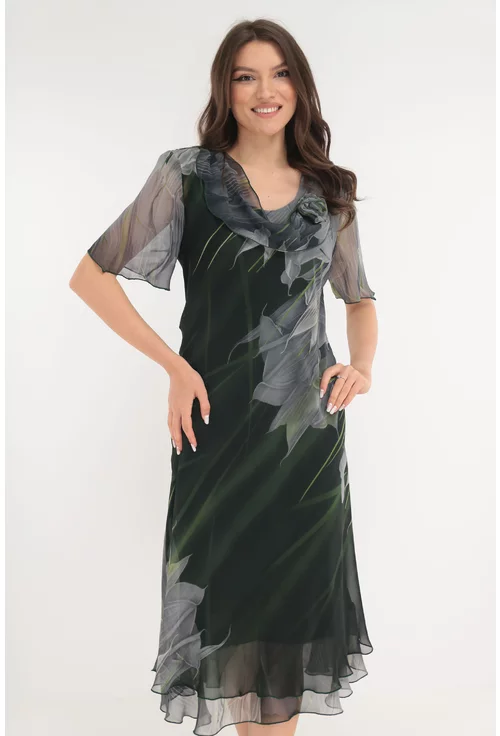 Rochie eleganta din voal negru cu print floral gri-verde