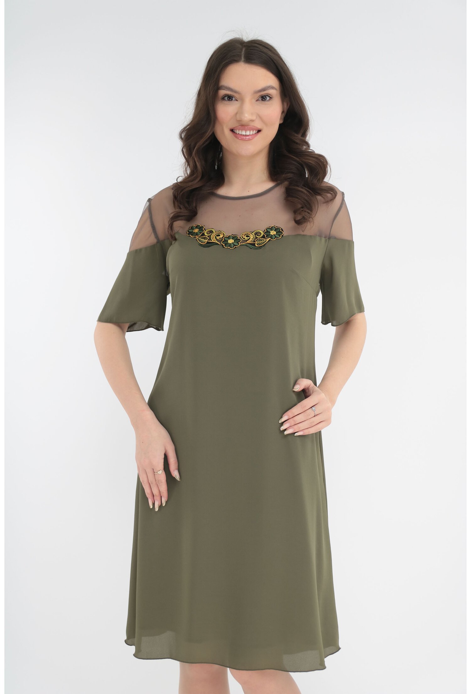 Poze Rochie eleganta din voal olive cu broderie