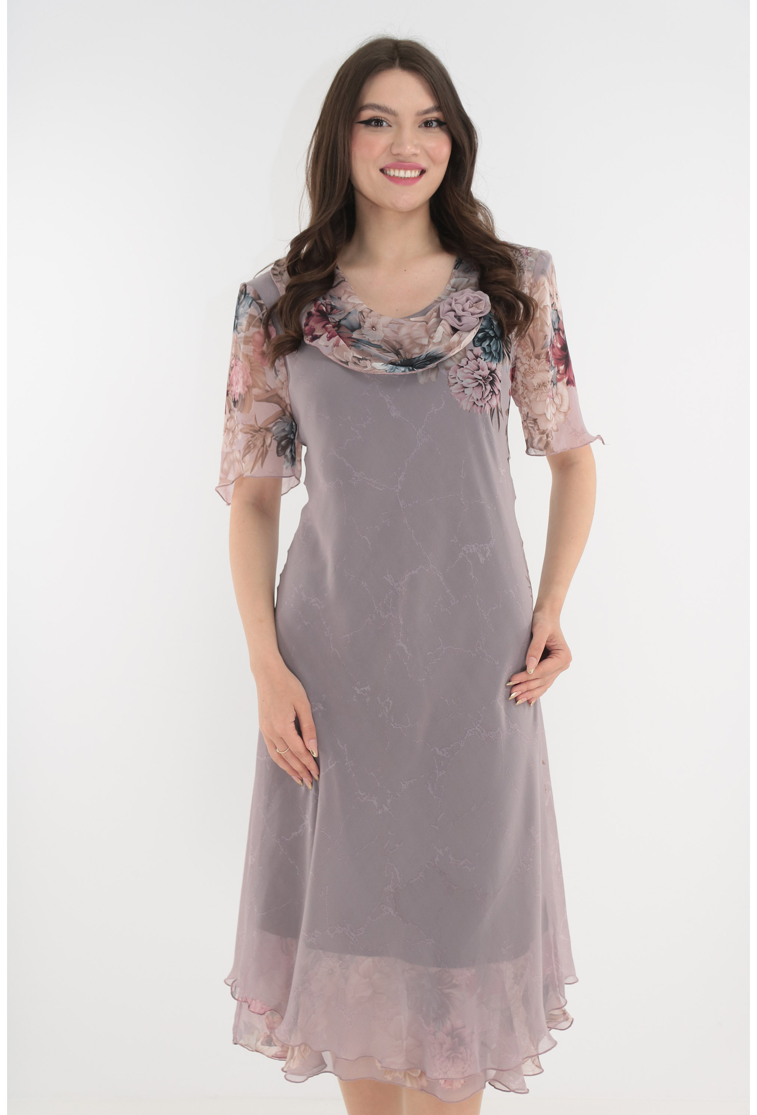 Poze Rochie eleganta din voal roz-pudra cu imprimeu floral