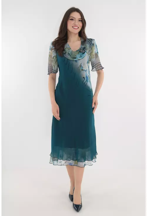 Rochie eleganta din voal turcoaz cu flori maxi