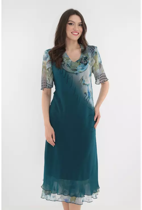 Rochie eleganta din voal turcoaz cu flori maxi