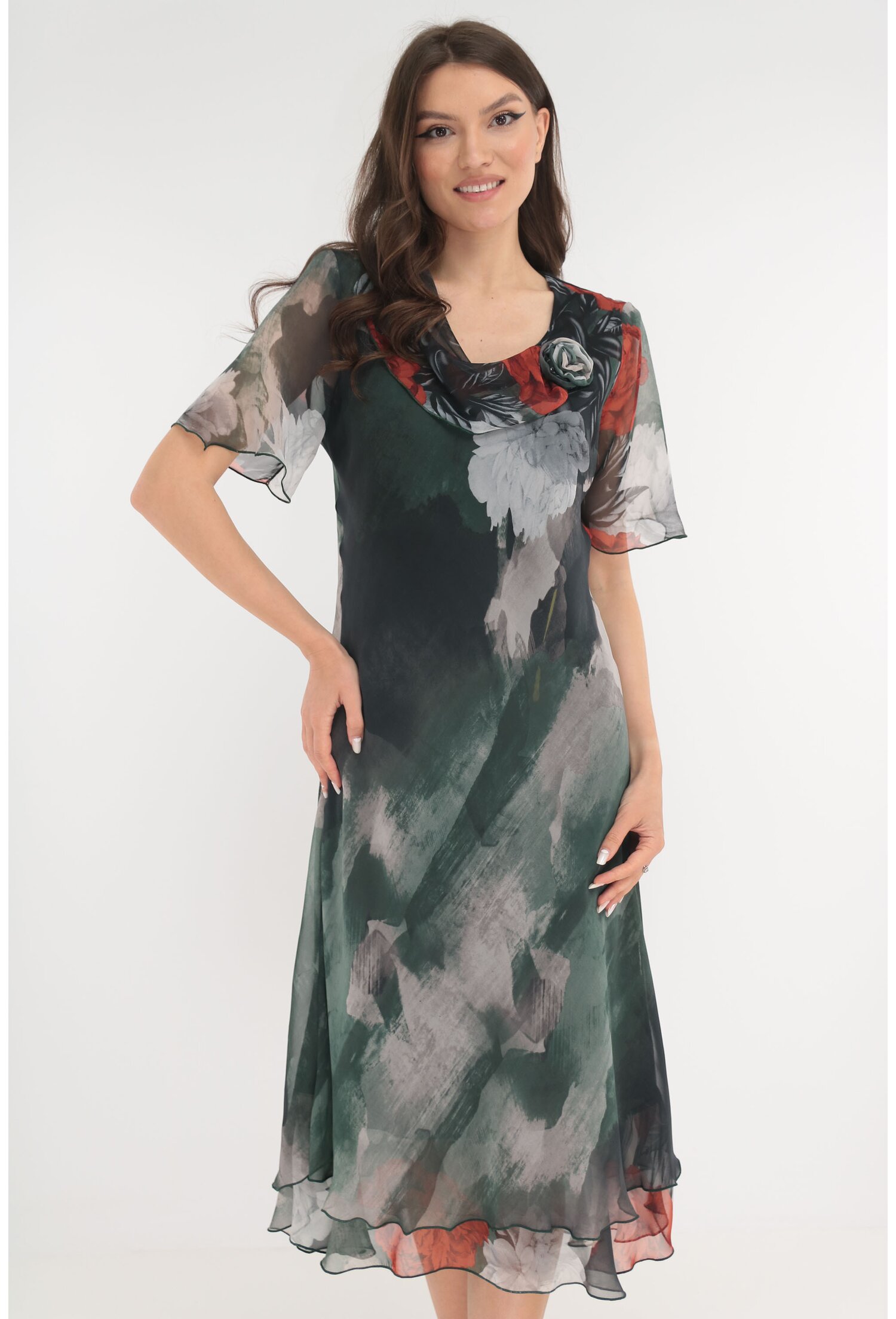 Rochie eleganta din voal verde cu print floral alb-caramiziu