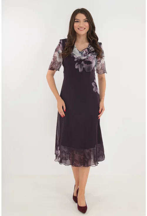 Rochie eleganta din voal violet cu flori gri