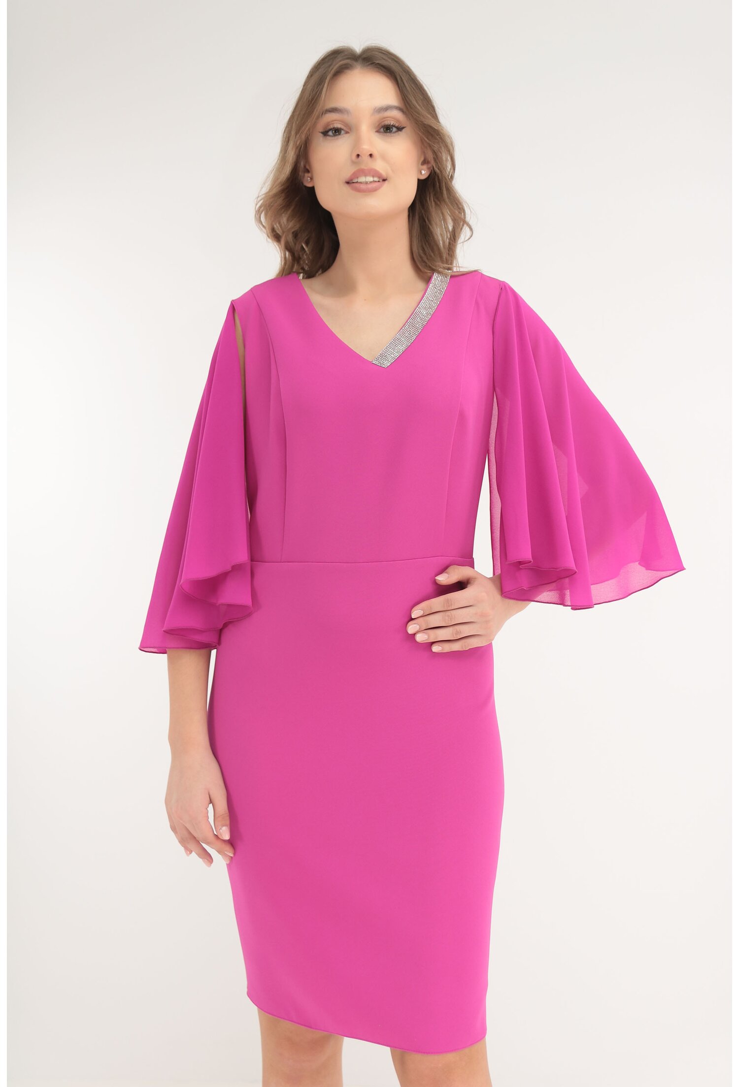 Rochie eleganta fucsia cu maneci din voal