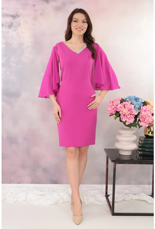 Rochie eleganta fucsia cu maneci din voal