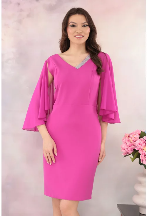 Rochie eleganta fucsia cu maneci din voal