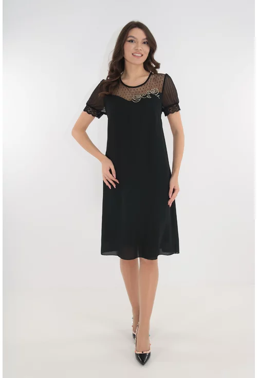 Rochie eleganta neagra cu broderie aurie si maneci din voal plisat