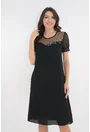 Rochie eleganta neagra cu broderie aurie si maneci din voal plisat