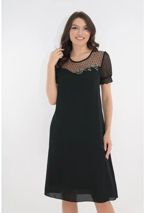 Rochie eleganta neagra cu broderie aurie si maneci din voal plisat