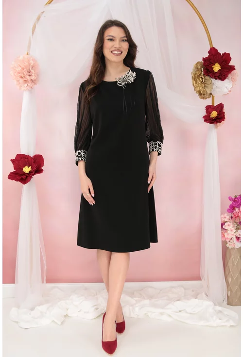Rochie eleganta neagra cu broderie la maneci