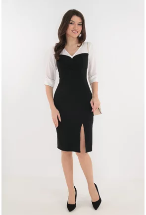 Rochie eleganta neagra cu decolteu parte peste parte si slit discret