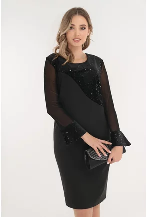 Rochie eleganta neagra cu insertii din catifea si paiete