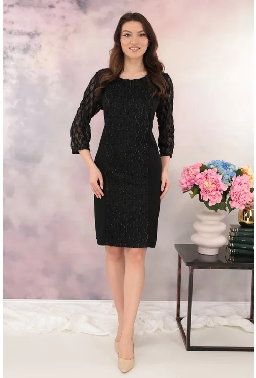 Rochie eleganta neagra cu insertii din dantela 3D cu glitter