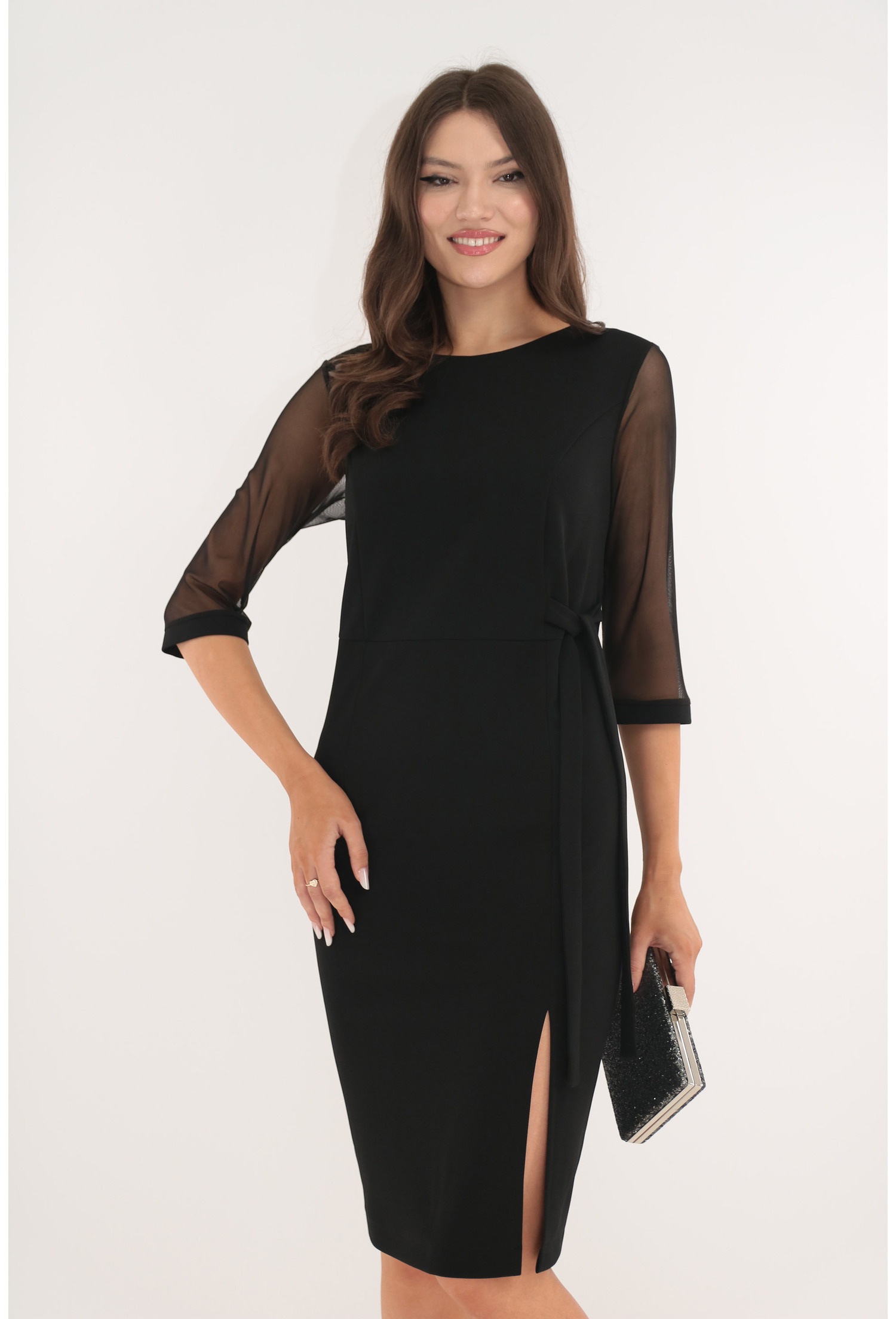 Rochie eleganta neagra cu maneci din tulle si cordon in talie