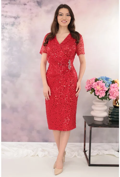 Rochie eleganta rosie cu paiete si strasuri in talie