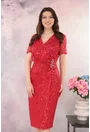 Rochie eleganta rosie cu paiete si strasuri in talie
