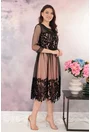 Rochie eleganta roz cu tulle negru si model floral din catifea