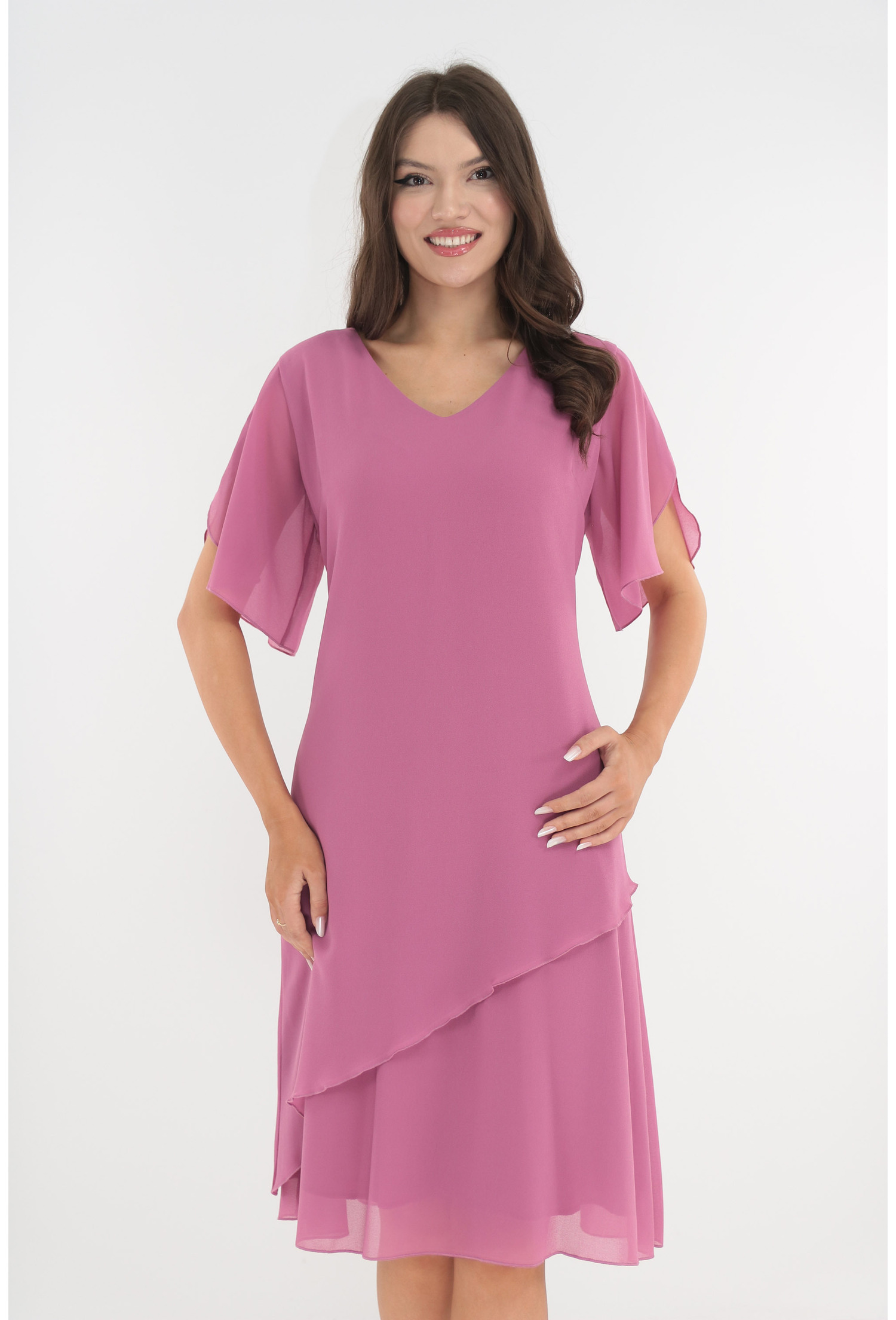 Poze Rochie eleganta roz cu voaluri asimetrice suprapuse