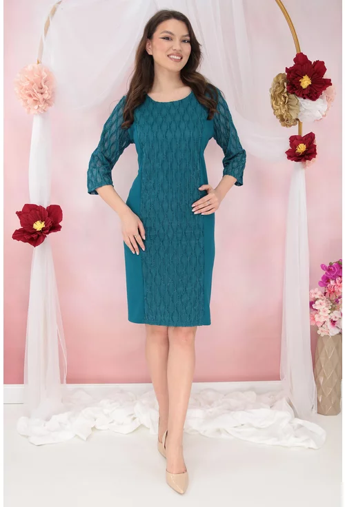 Rochie eleganta turcoaz cu insertii din dantela 3D cu glitter