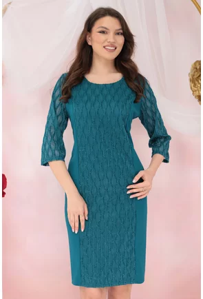 Rochie eleganta turcoaz cu insertii din dantela 3D cu glitter