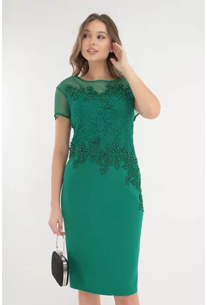 Rochie eleganta verde cu broderie si dantela