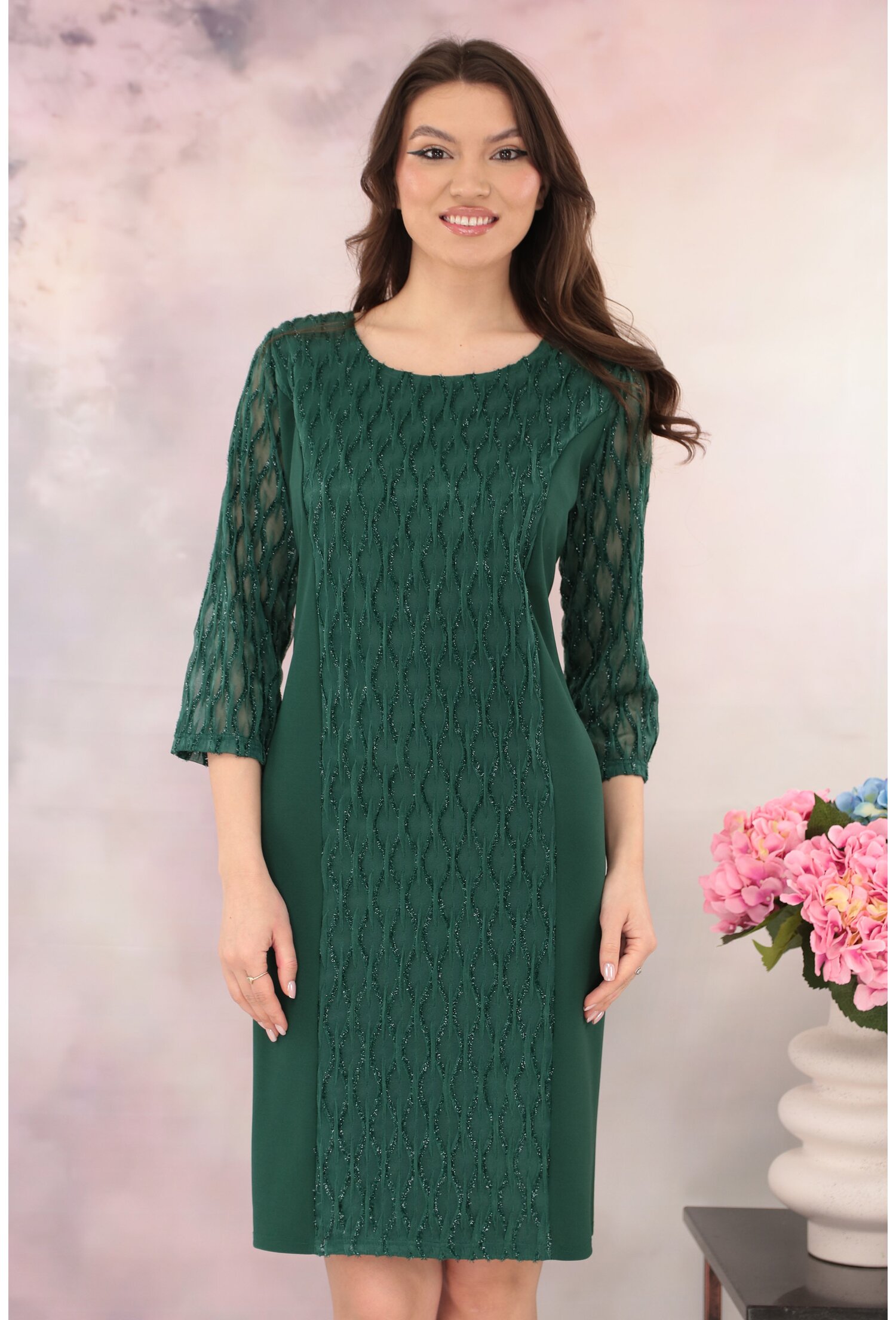Rochie eleganta verde cu insertii din dantela 3D cu glitter