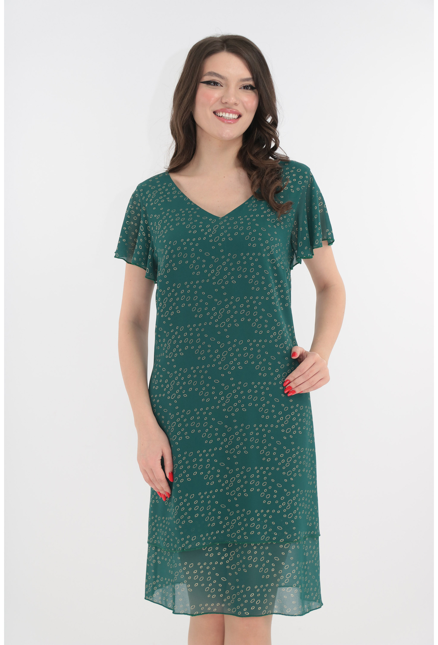 Rochie eleganta verde cu voaluri suprapuse si cerculete aurii