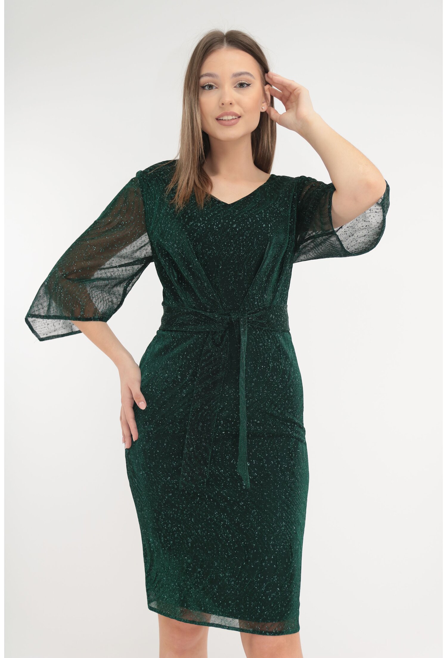 Rochie eleganta verde din tulle cu fir stralucitor si glitter