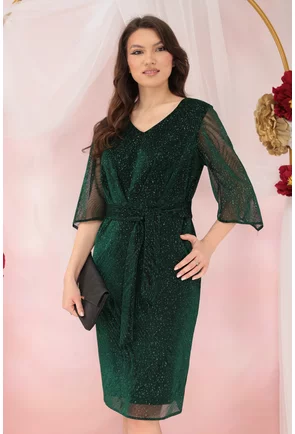 Rochie eleganta verde din tulle cu fir stralucitor si glitter