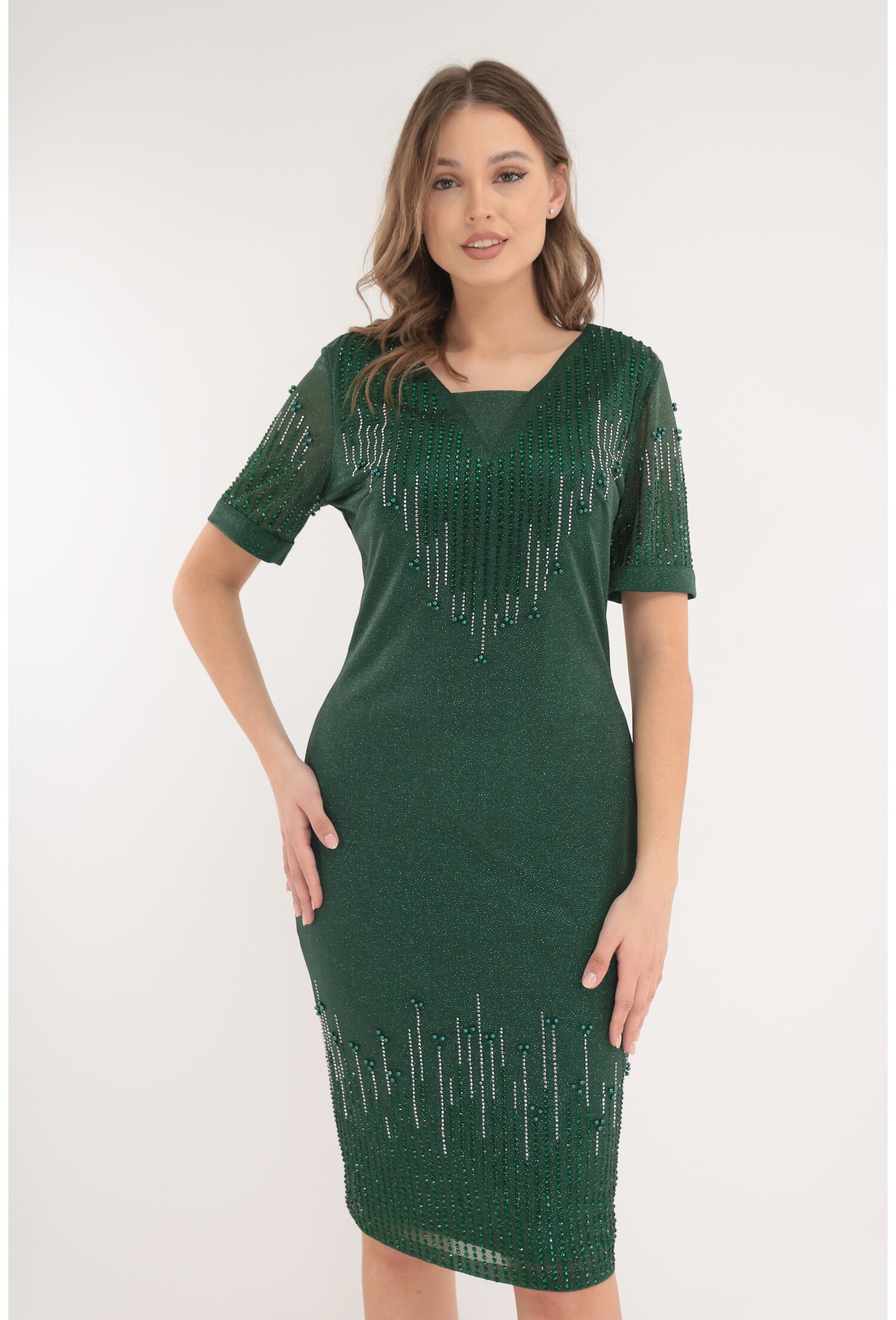 Rochie eleganta verde-smarald cu strasuri si glitter discret