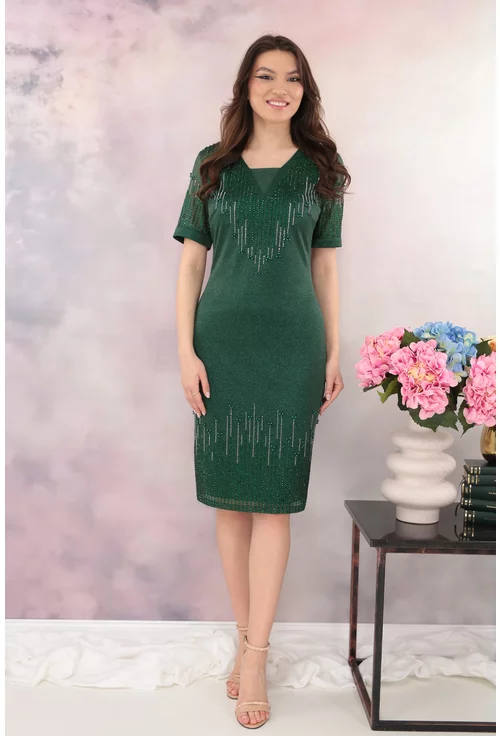 Rochie eleganta verde-smarald cu strasuri si glitter discret