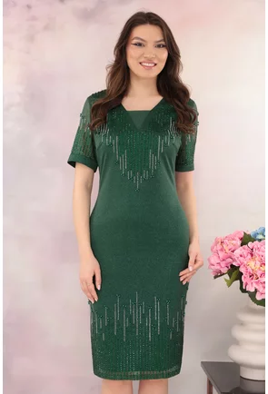Rochie eleganta verde-smarald cu strasuri si glitter discret