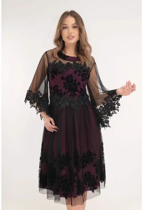 Rochie eleganta violet cu tulle negru si broderie florala