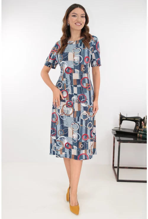 Rochie evazata albastra cu imprimeu geometric