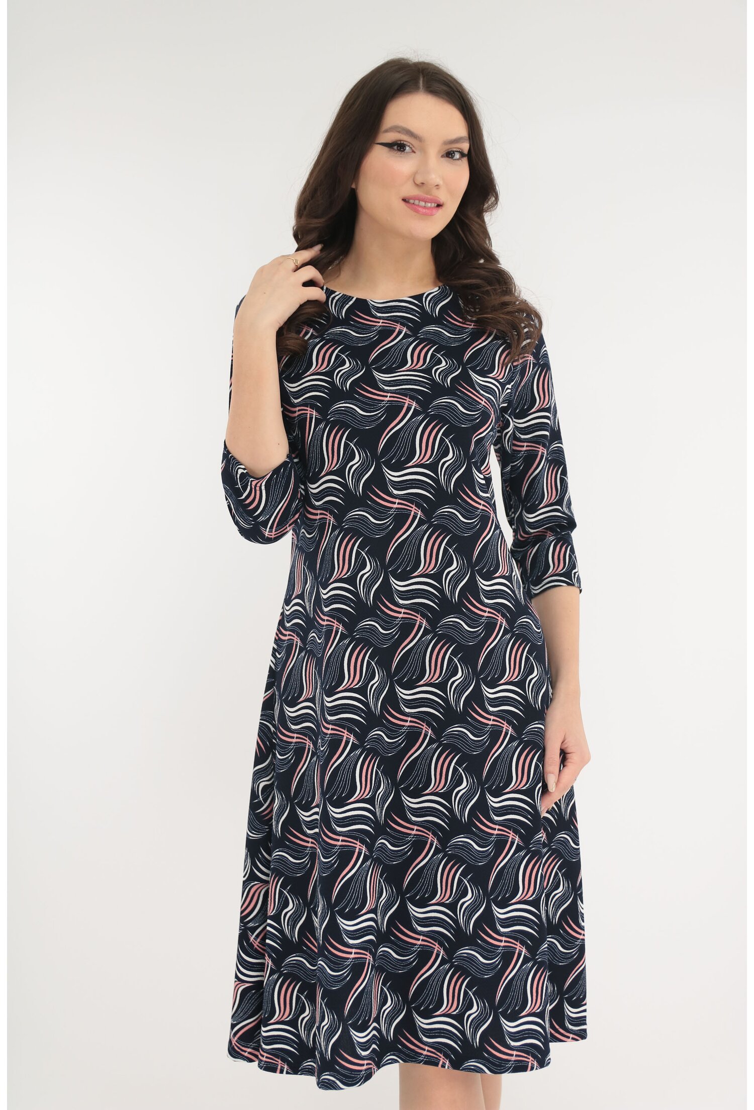 Poze Rochie evazata bleumarin cu desen abstract roz-alb