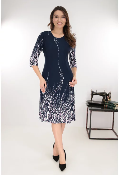 Rochie evazata bleumarin cu flori roz si albe la tiv