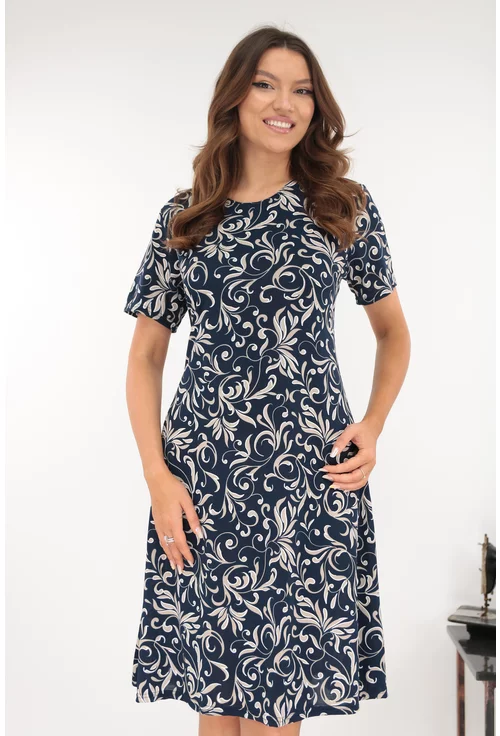 Rochie evazata bleumarin cu imprimeu floral gri