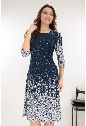 Rochie evazata bleumarin cu imprimeu floral in degrade