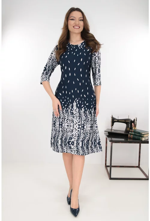 Rochie evazata bleumarin cu imprimeu floral la tiv