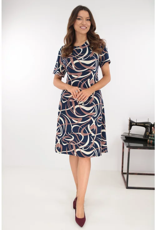 Rochie evazata bleumarin cu print abstract maro-bej