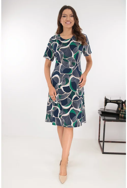 Rochie evazata bleumarin cu print abstract verde
