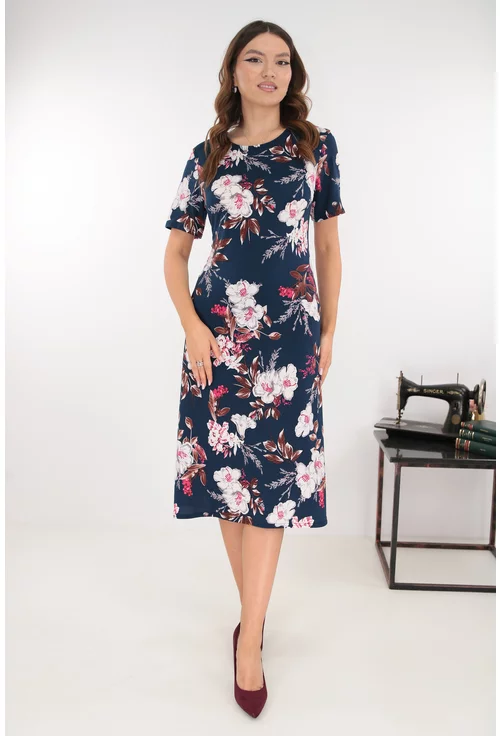 Rochie evazata bleumarin cu print floral alb-roz