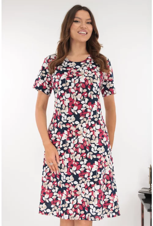 Rochie evazata bleumarin cu print floral rosu-bej