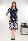Rochie evazata bleumarin cu print floral roz-gri
