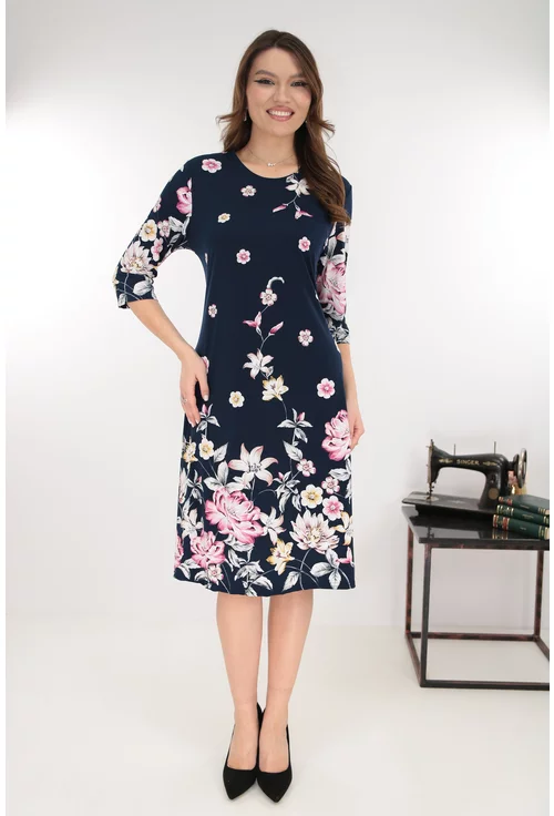 Rochie evazata bleumarin cu print floral roz-gri