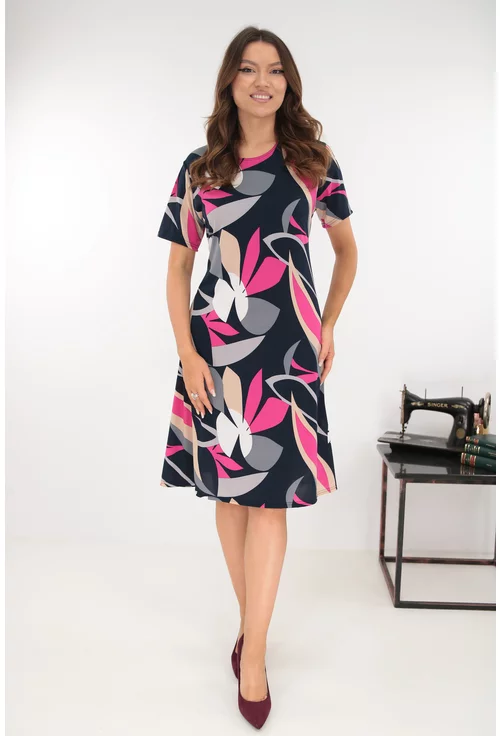 Rochie evazata bleumarin cu print geometric fucsia