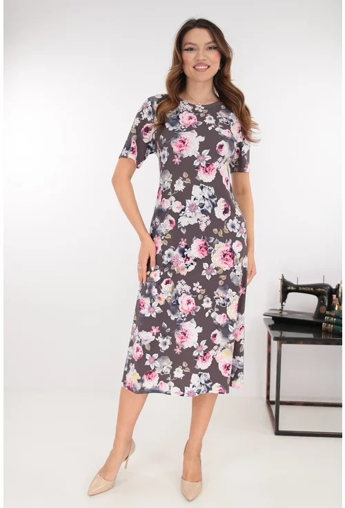 Rochie evazata cafenie cu trandafiri roz