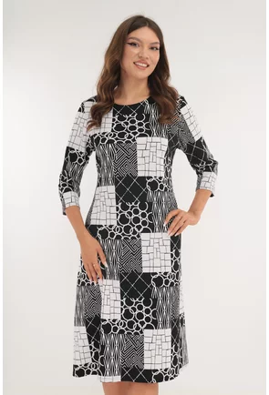 Rochie evazata cu print geometric alb-negru